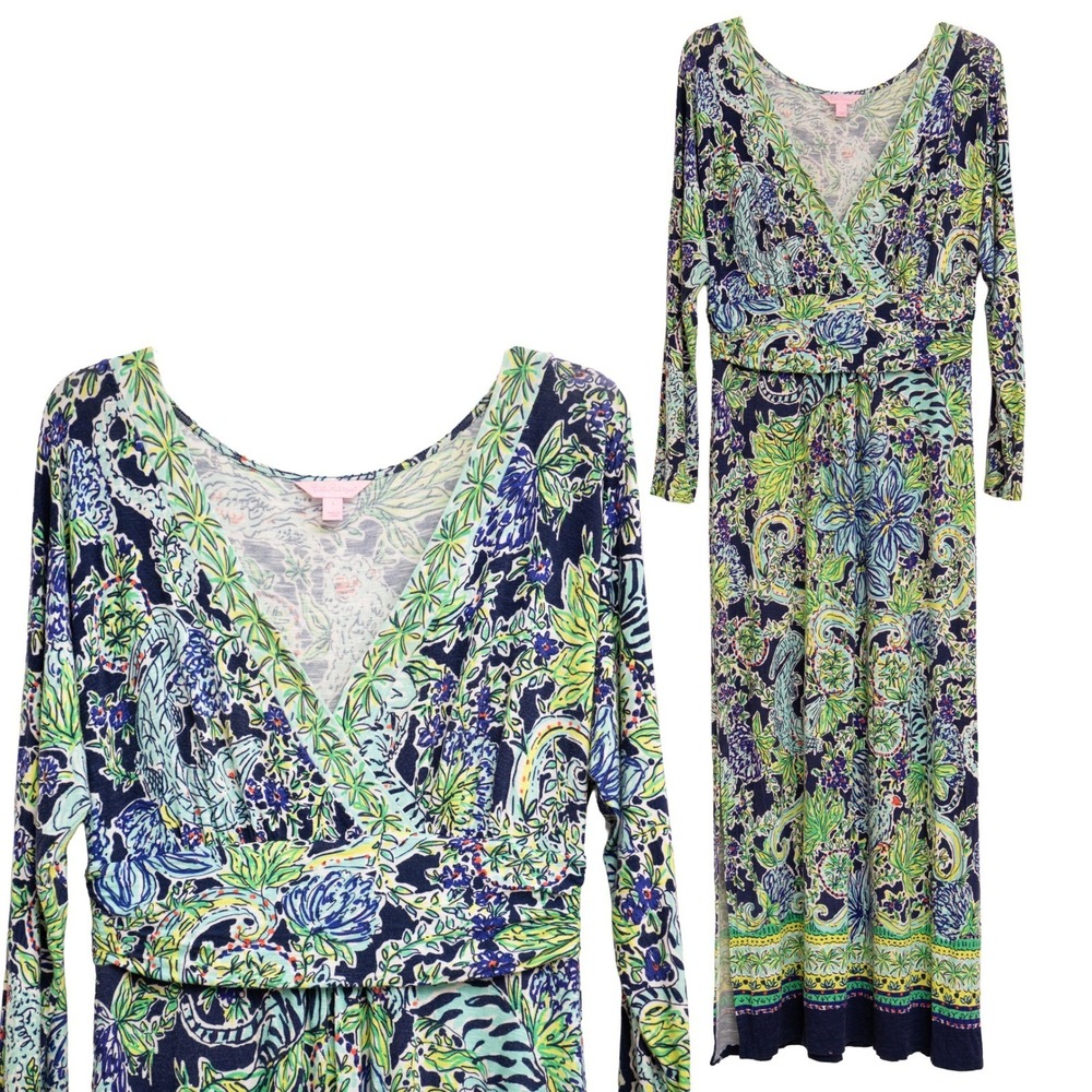 Lilly Pulitzer Sz L Maxi Dress "See You Later Alligator" Print Light Long Sleeve
